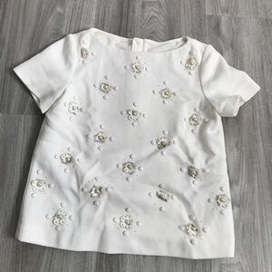 WOMENS EMBELLISHED WHITE BLOUSE SHORT SLEEVES FLORAL PEARL SMALL